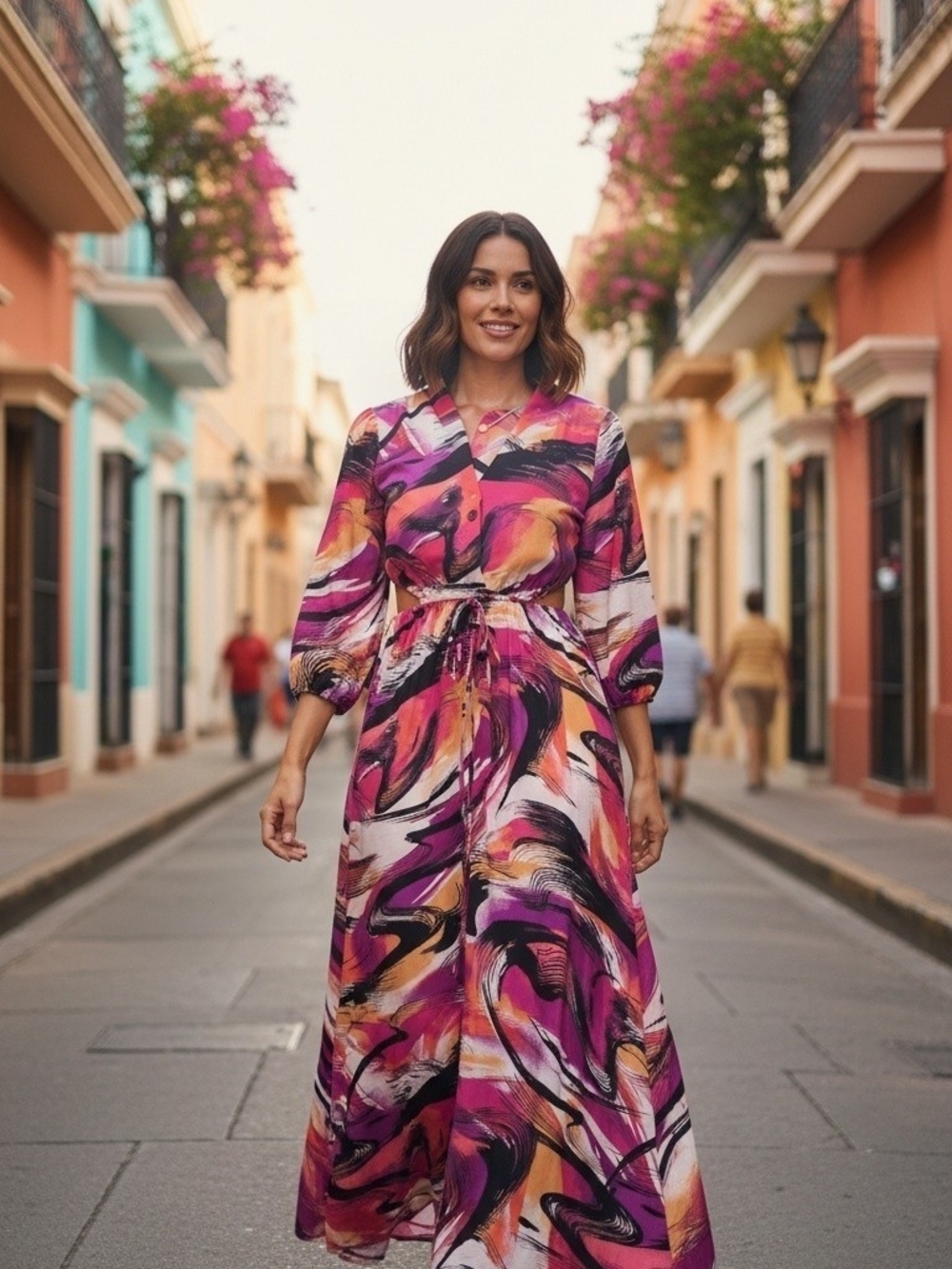 Fraiche By J. Abstract Swirl Print Maxi Side Cut Out Dress Pink,Multi SZ L NWT
